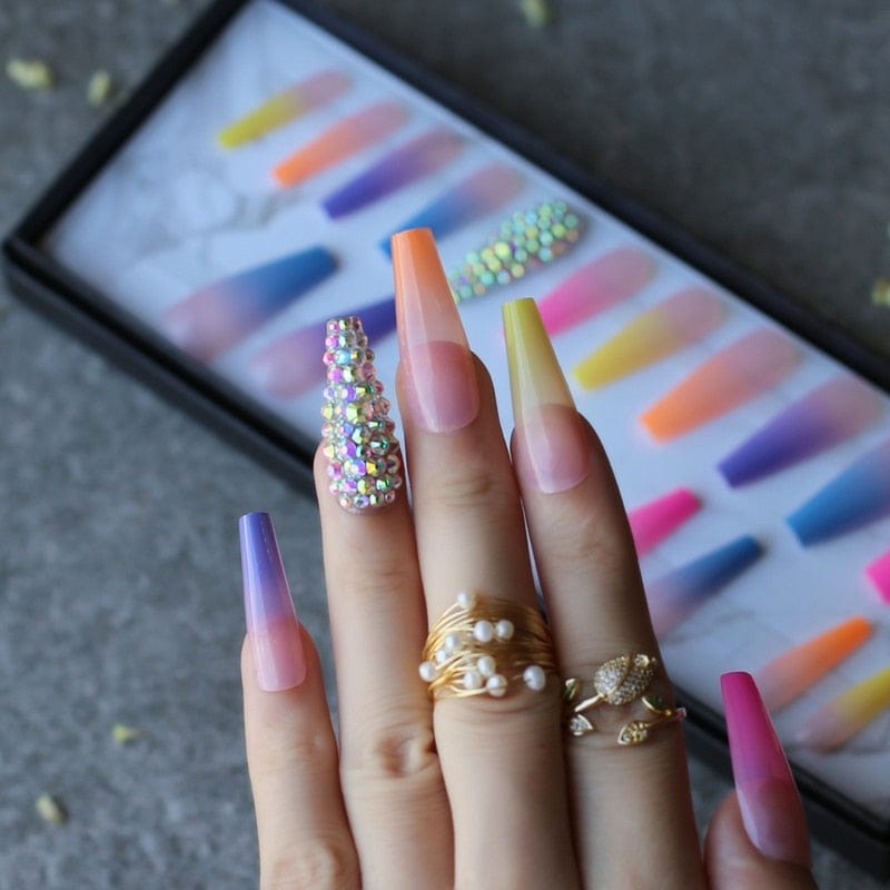 French Rainbow false nails stiletto gel Handmade diamonds Art nails BENNYS 