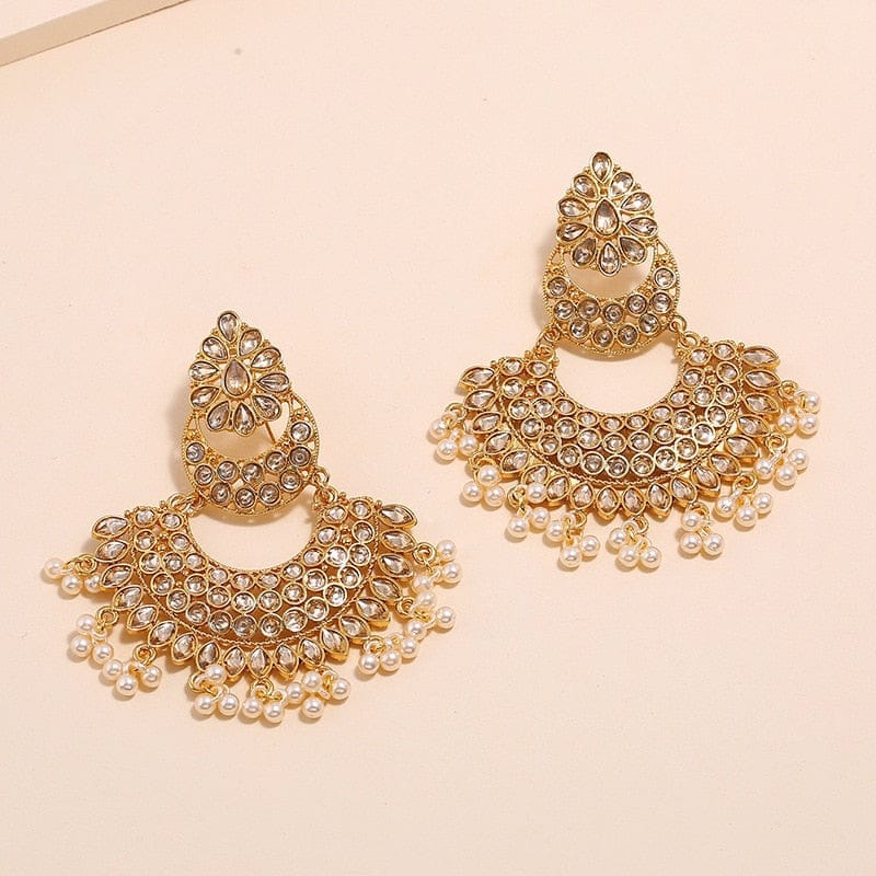 Indian Gold Handmade Pearl Bead Bling Rhinestone Bridal Piercing Earrings BENNYS 
