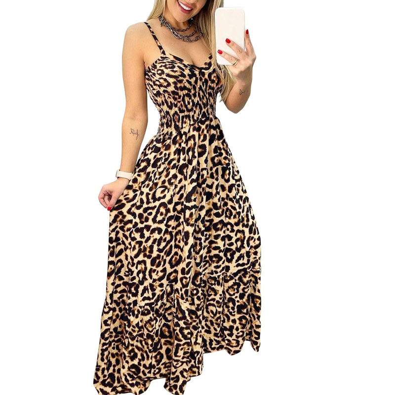Leopard Print Sexy Maxi Dress Spaghetti Strap Holiday Party Long Dress BENNYS 