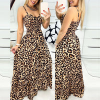 Leopard Print Sexy Maxi Dress Spaghetti Strap Holiday Party Long Dress BENNYS 