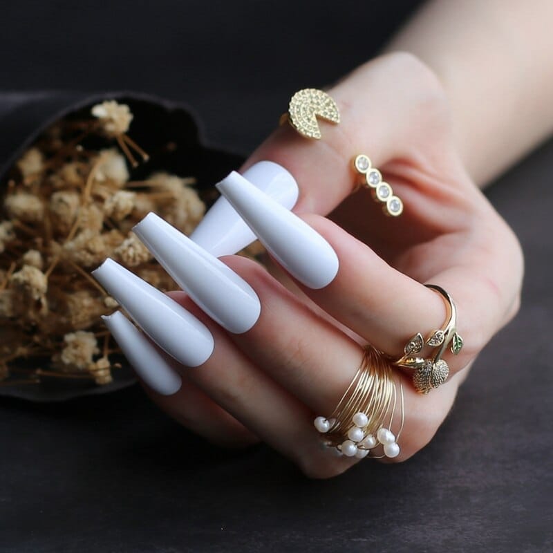 Long Luxury Coffin Neon yellow UV Acrylic nails Nude salon Extra gel fasle nails white BENNYS 