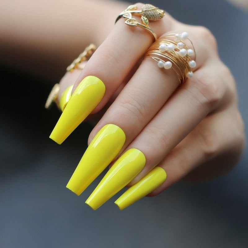 Long Luxury Coffin Neon yellow UV Acrylic nails Nude salon Extra gel fasle nails white BENNYS 