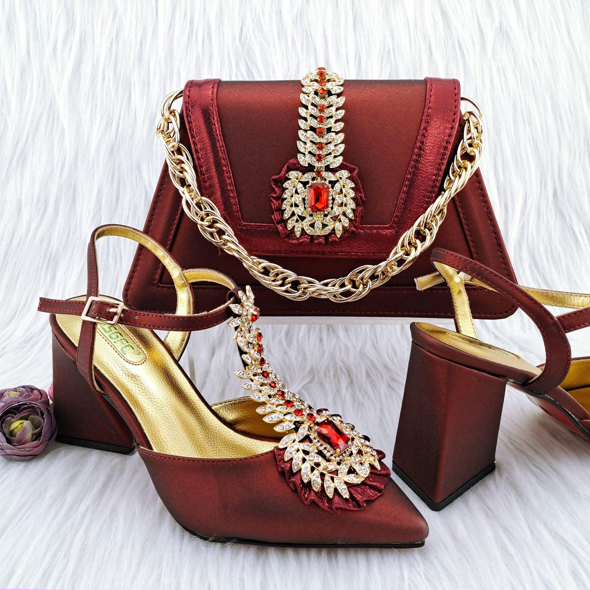 Gold Color African Ladies Shoes And Bag Set