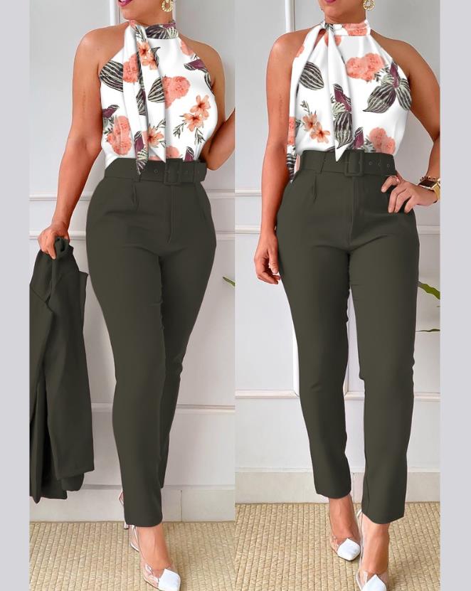 Spring and Summer Sleeveless Floral Print Pants Suit