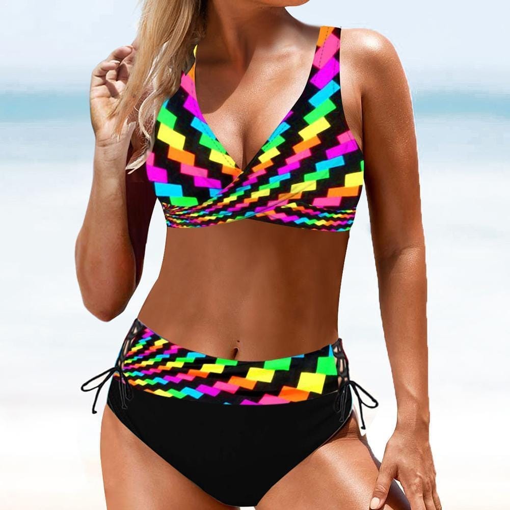 Split High Waist Rainbow Striped Multicolor Bikini Women Bikini Swimwear BENNYS 