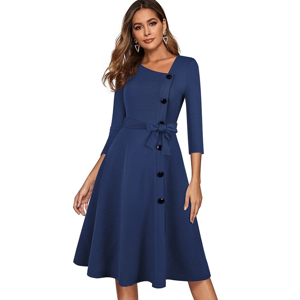 Spring Solid Color with Button Retro Elegant Dresses BENNYS 