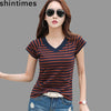 Striped V-Neck T Shirt Women's Printed T-Shirt Summer Tops Slim Casual Fit BENNYS 