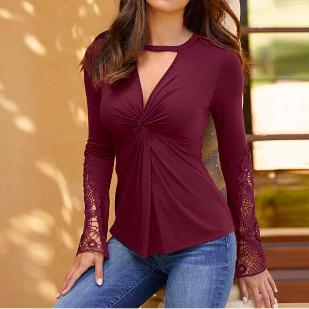 Womens Lace Blouse Patchwork Hollow Out Long Sleeve Blouse BENNYS 